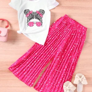 Young Girls Fashion 3-Season Set - Portrait Pattern Ruffle T-Shirt & Woven Long Pants